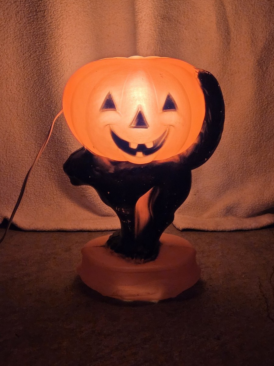 Vintage Pumpkin Jack-O-Lantern with Black Cat Blow Mold Halloween