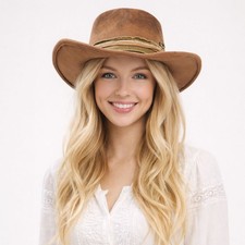 ScarvesMe Women's Rustic Cowgirl Cowboy Feather Distressed Fabric Fedora Hat