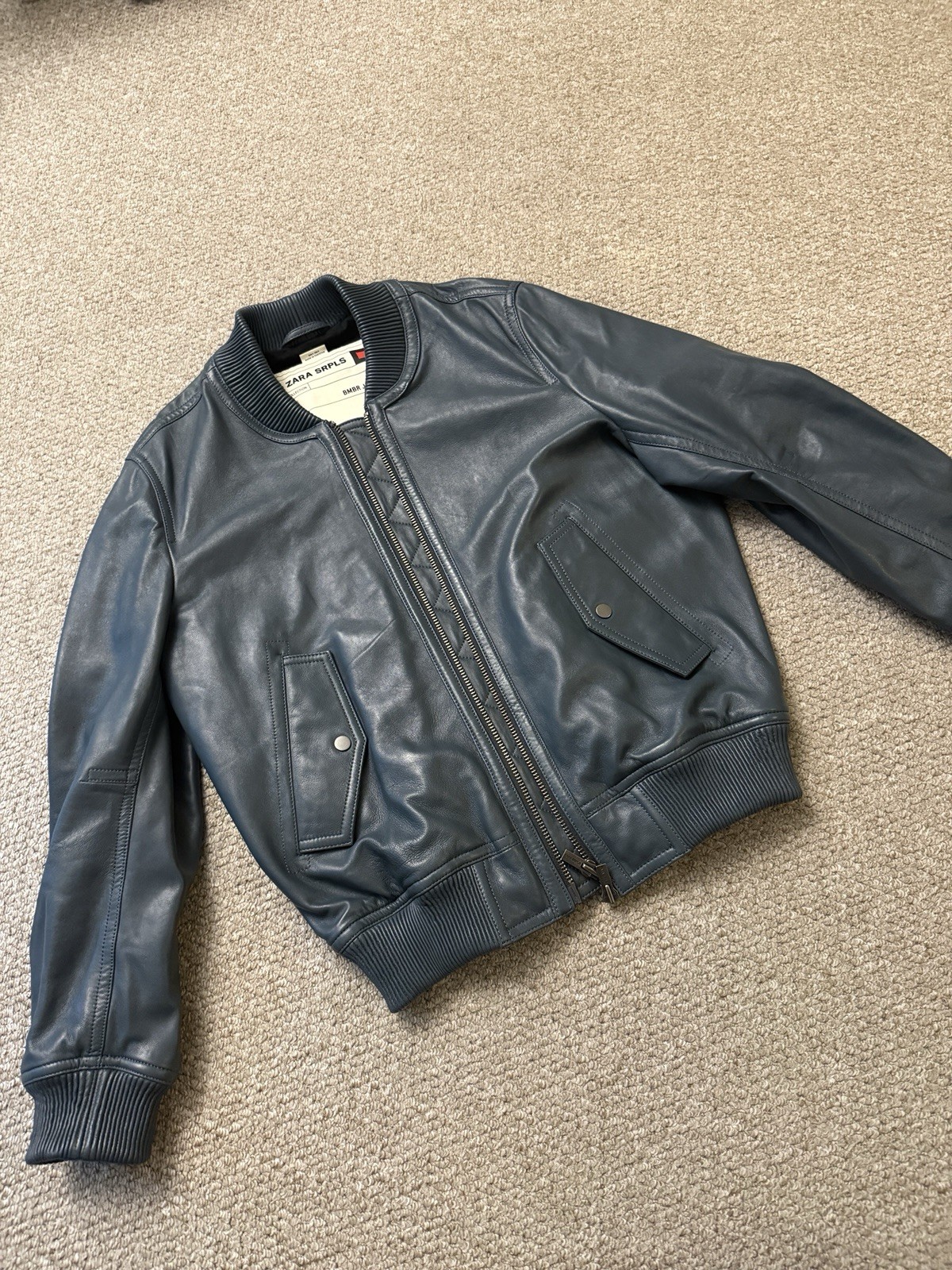 Zara Men’s SRPLS Bomber Real Leather Jacket Duck Blue Small image 4