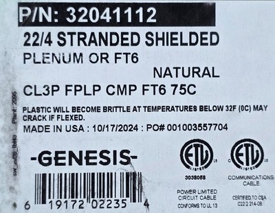 Honeywell Genesis 3204 22/4C Shielded Plenum Control Cable CMP White /100ft