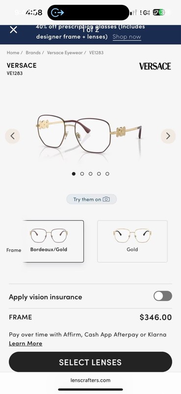 Versace VE1283 Bordeaux/Gold Metal Geometric Full Rim Eyeglass Frames 54-18