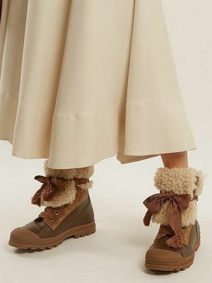 $995 Designer CHLOE Women's Shearling-trimmed Leather Boots In Musk Brown 35