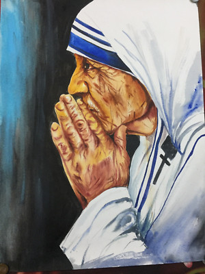 Heilige Mutter Teresa Nonne Portrait Gemälde Acryl auf Büttenpapier Kunst Ind...