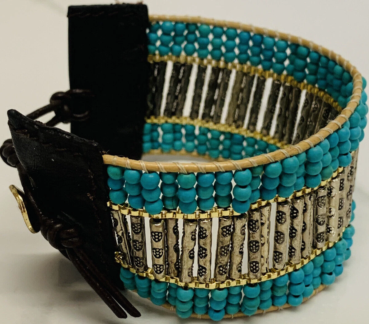 Lucky Brand Silver tone multi leather cord Turquoise Stone Bracelet | eBay