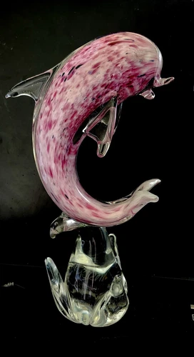 Vintage Murano Art Glass Light Pink Cranberry Dolphin Figurine 10.75"