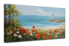 Ardemy Flowers Wall Art Canvas Blue Ocean Lighthouse Painting Seascape Landsc...