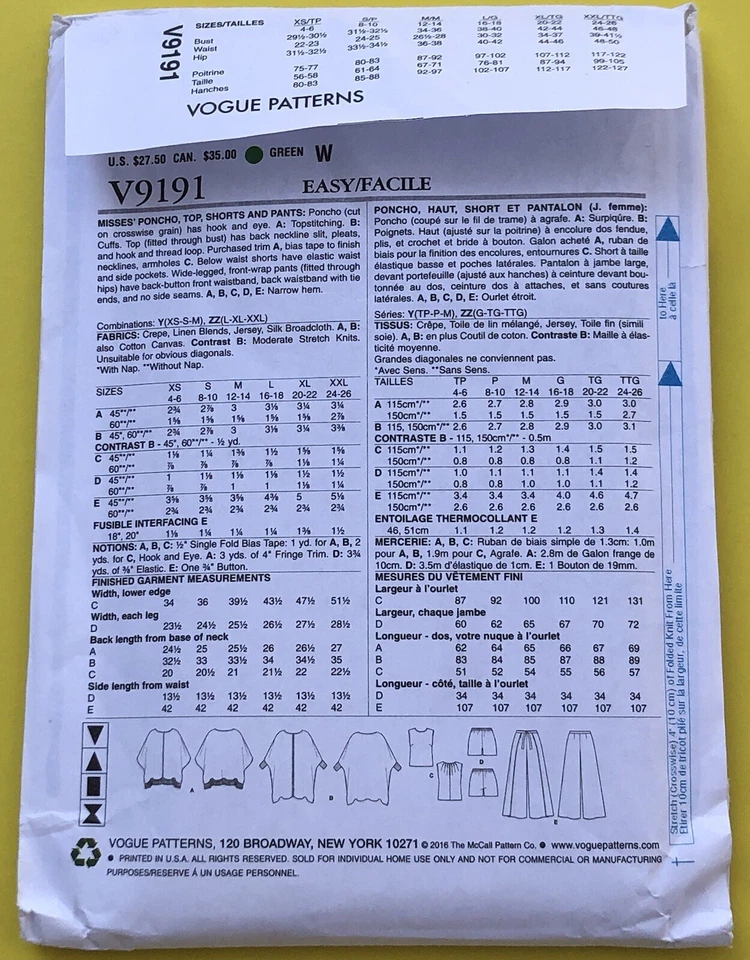 Vogue Patterns V9191 Misses Ponchos Batwing Top Short Pant XSM- Sml- Med Uncut - Image 3 of 3