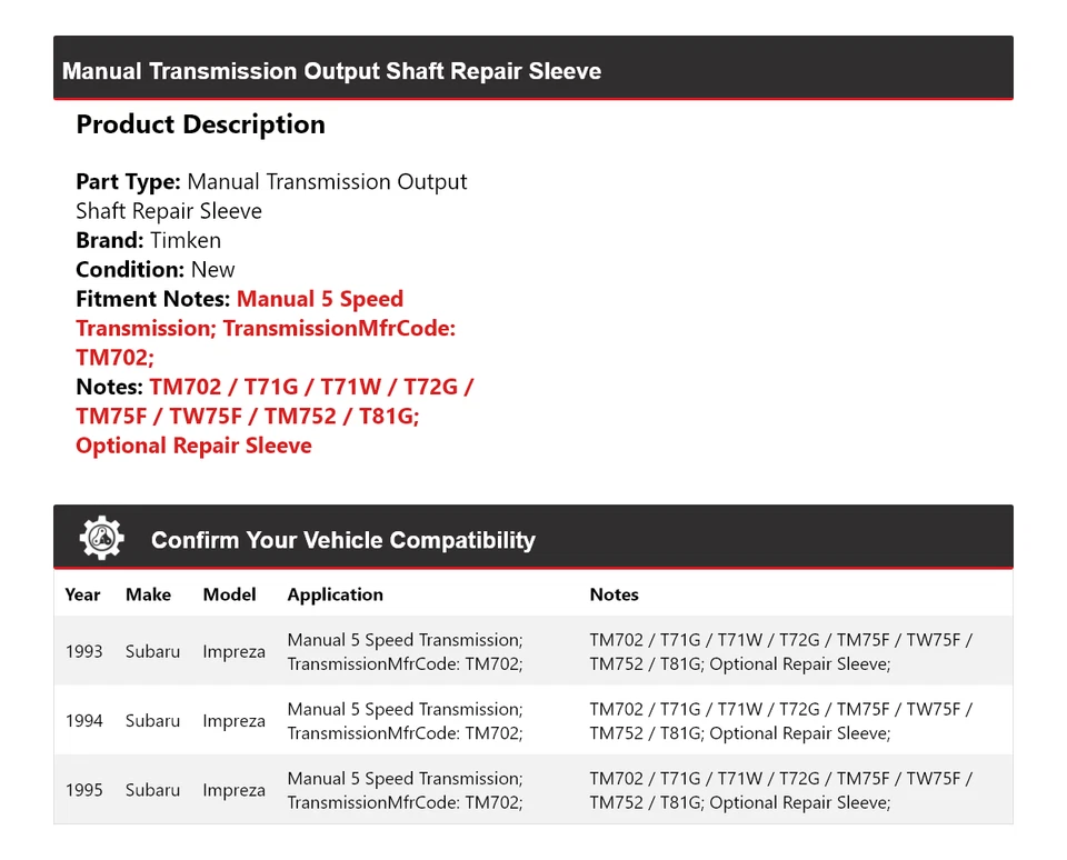 Manguito de reparación de eje de salida de transmisión manual Timken 1994 para Subaru Impreza 1993-1995 Foto 2 de 4