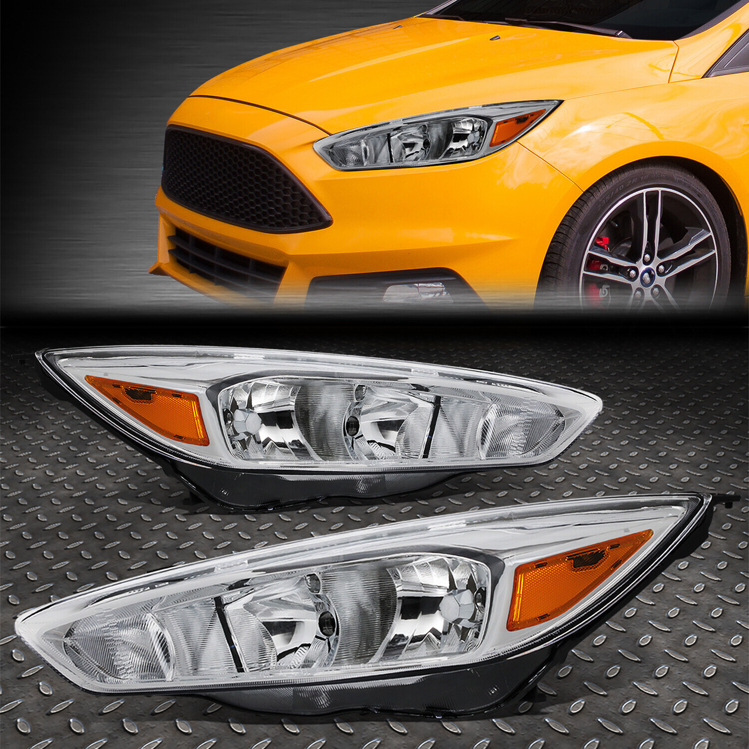for 2015-2017 Ford Focus Gen3 Pair Chrome Housing Amber Side 