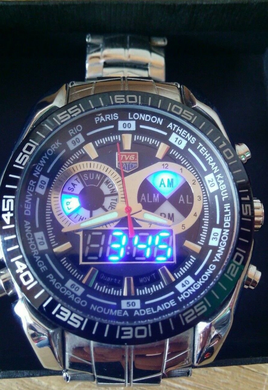 TVG km-468 Rare amazing blue LED Chrono Watch digital analouge