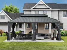 Domi 12x18Ft Hardtop Gazebo Double Roof w/Curtain&Netting,Built-in gutter system
