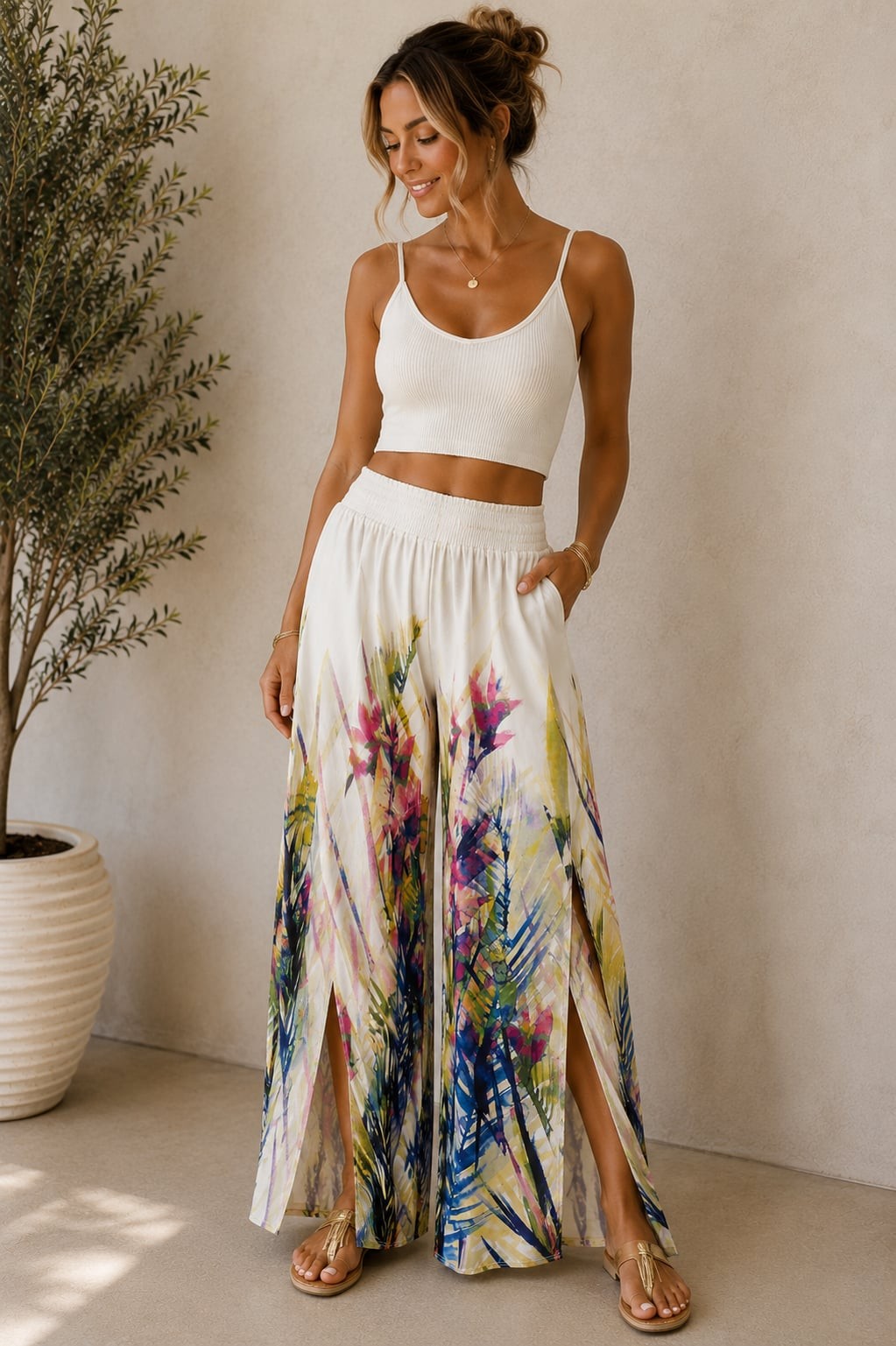 Spirit Cream Multi Print Wide-Leg Pants