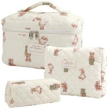 Large Quilted Makeup Bag for Women and Girls, Cute Coquette 06-beige bears