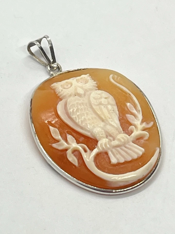 Ciondolo Cammeo Gufo Inciso A Mano Su Corniola-Argento 925-Amuleto Di Saggezza - Immagine 2 di 4