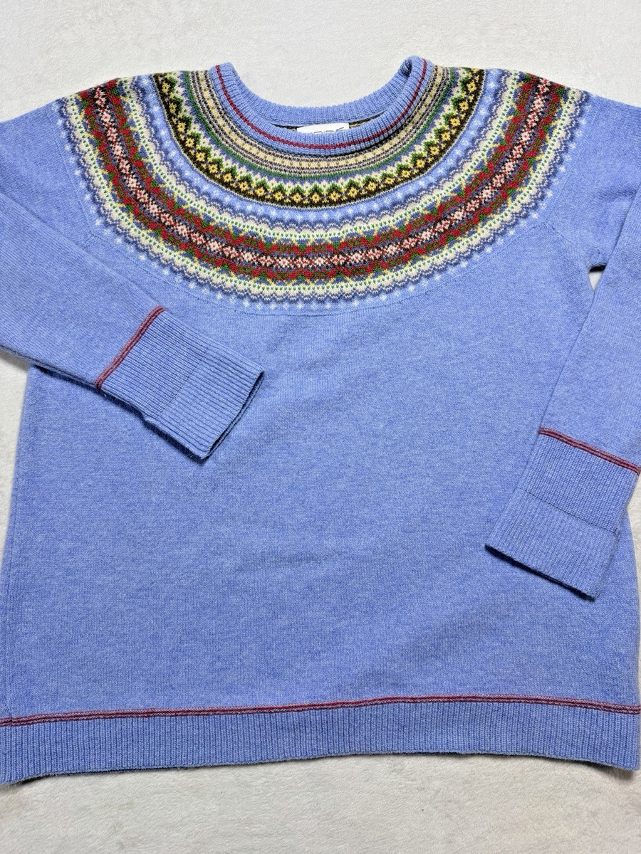 ERIBÉ Scotland Alpine Short Sweater Sky Blue Lambswool Fair Isle Tall 100% Wool