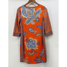 Gretchen Scott Shift Dress Size XS Orange Blue Floral Paisley 3/4 Sleeve
