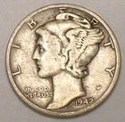 1942 S Mercury Winged Head Dime 10 Cents Silver Coin VF