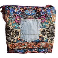 Handmade Upcycled Crossbody Bag Colorful Print Denim With Strap