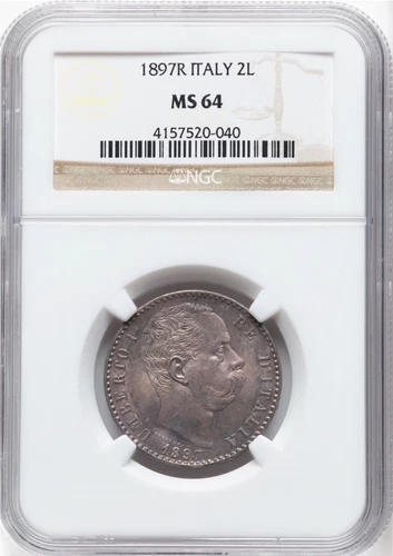 ITALY UMBERTO I  1897 2 LIRE SILVER COIN, CHOICE UNCIRCULATED NGC CERTIFIED MS64