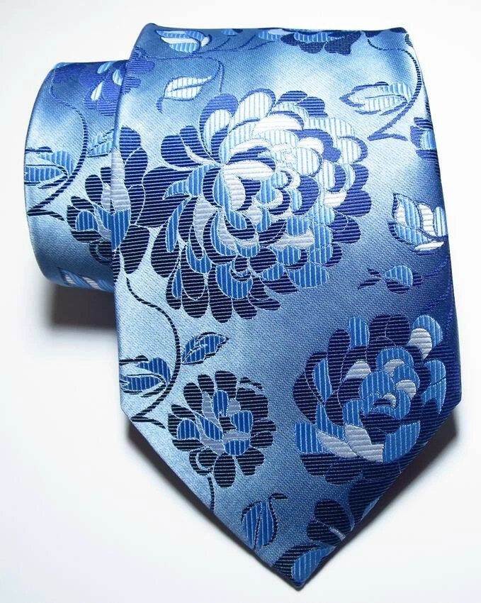 全新经典花卉浅蓝色白色提花织布 100% 真丝男式领带 — 第 2/2 张图片