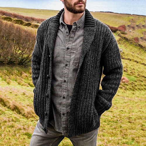 Men's Solid Button Pocket Chunky-knit V-neck Long Sleeve Cardigan Sweater  Coat | eBay
