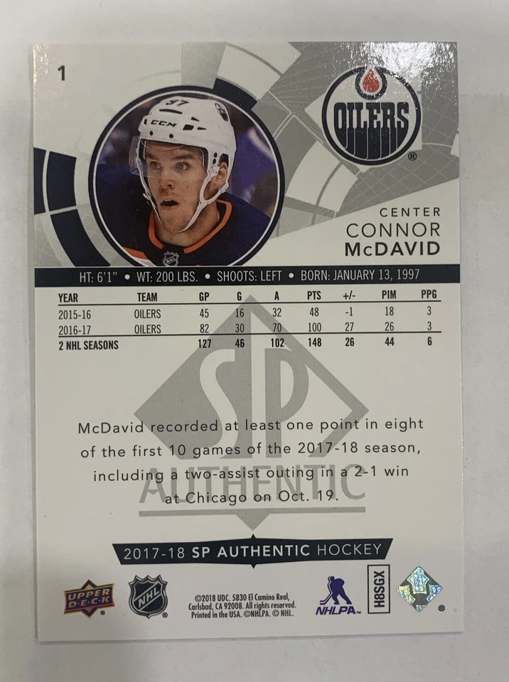 2017-18 SP Authentic Connor McDavid #1 Base Card - Image 2 of 2