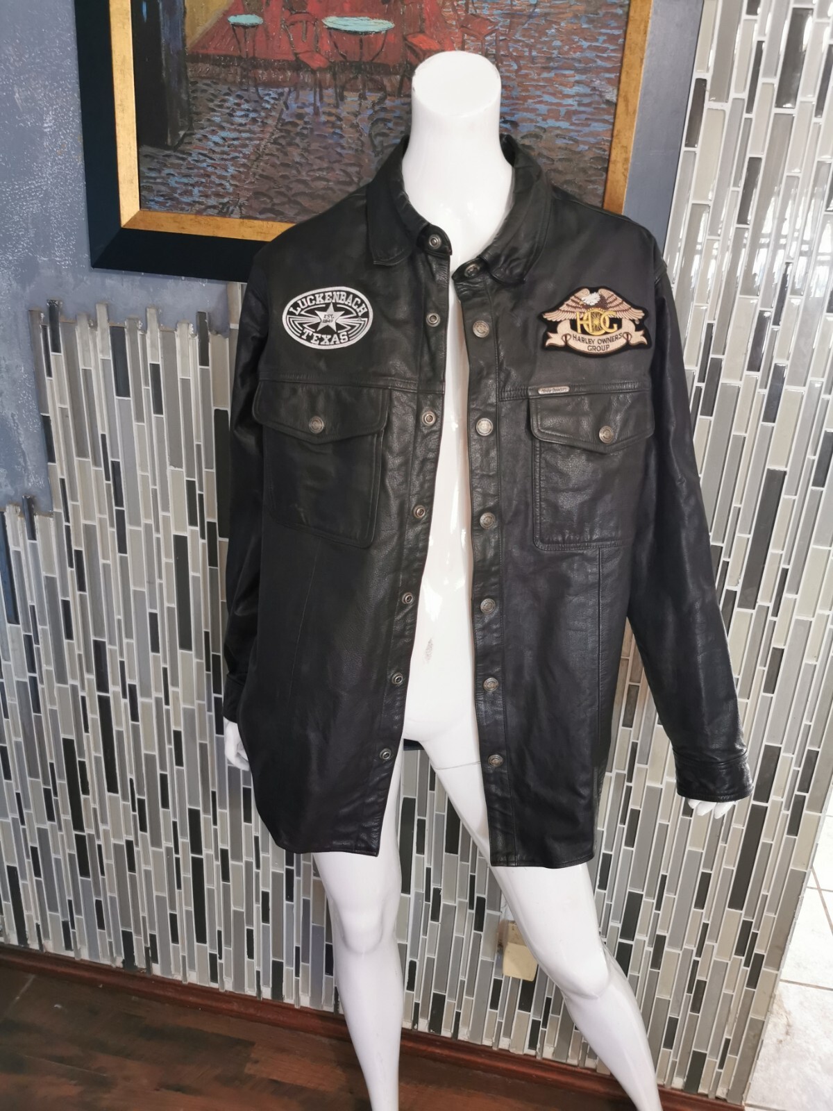 Harley-Davidson Black Leather Shirt Jacket Snap Button Mens M Patch