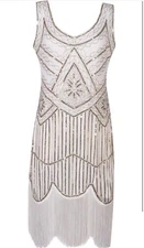 BABEYOND WOMENS DRESS SIZE LARGE WHITE & GOLD 1920 GREAT GATSBY  COCKTAIL PARTY