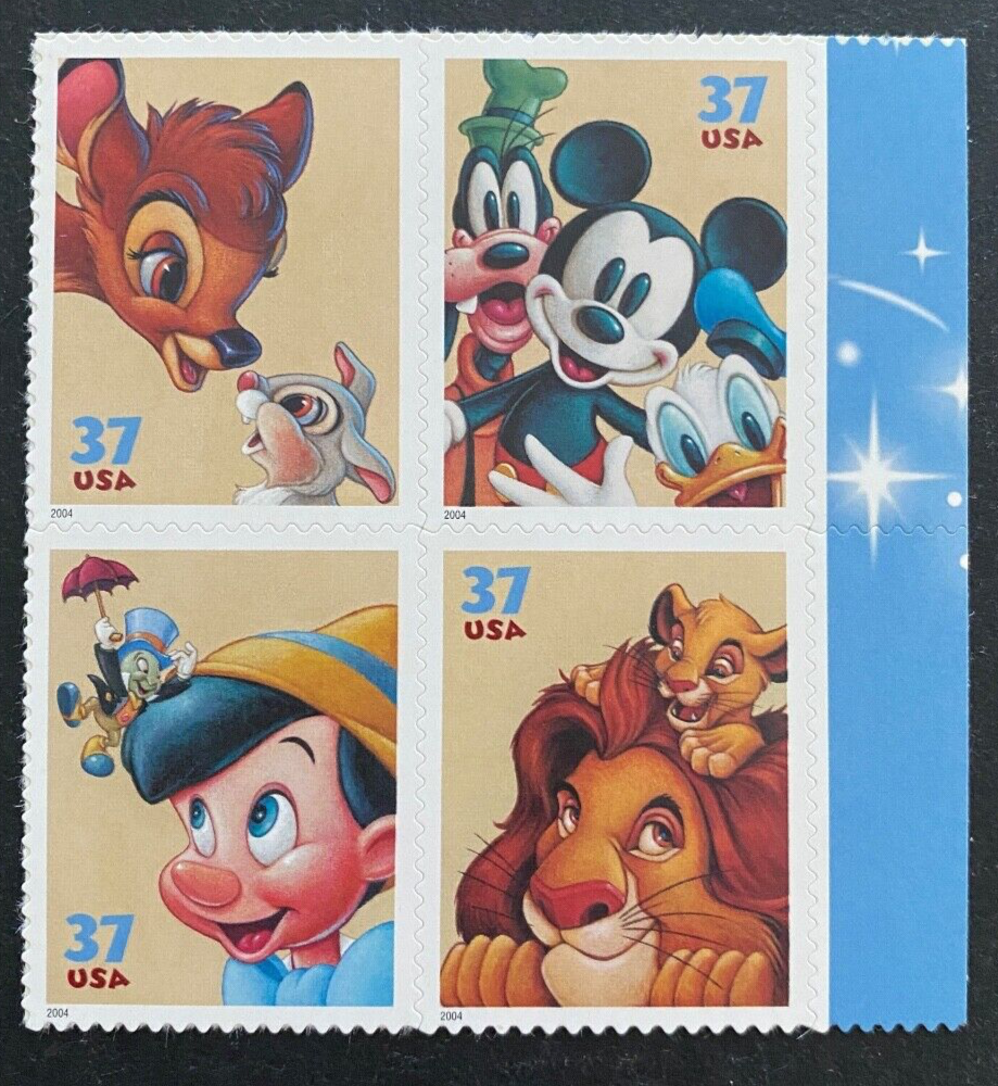US Stamps, Scott #3865-68 The Art of Disney block of 4 37c 2004 XF