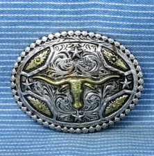 Western Longhorn Dress Belt Buckle Cowboy Cowgirl Scroll Stars Vtg 90s .TYC798