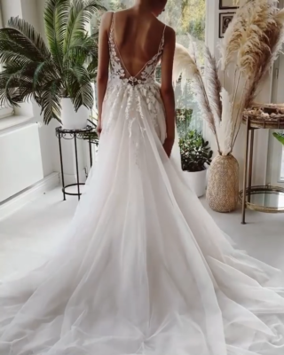 Dreamy Beaded Boho Bridal Gown Floral Lace Wedding Dress Custom made Ivory  Nude | eBay
