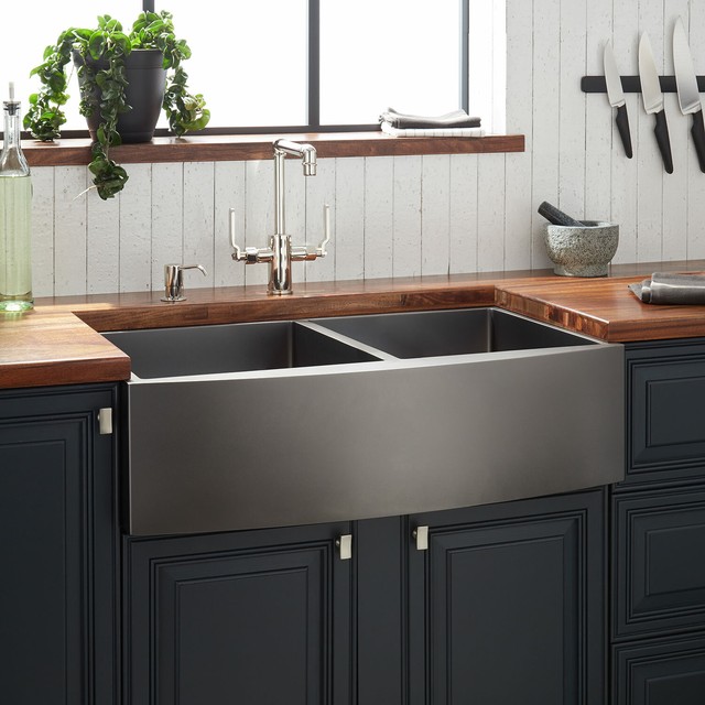 33 Atlas Double Bowl Stainless Steel Farmhouse Sink Curved Apron Gunmetal Black