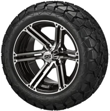 (4) Golf Cart 22x10-14 Trail Fox A/T Tires on 14x7 Black/Machined Yukon Wheels