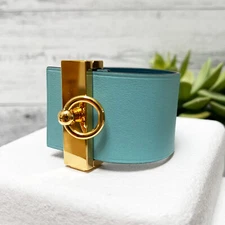 Hermes Illusion Wide Reversible Turquoise Leather Bracelet Gold Plated Hardware