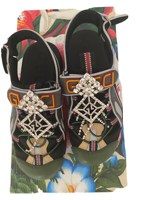 海外限定*GUCCI* 刺繍入ミュールウェブストライプ トリコロール GUCCI WOMENS WTINSEL SANDAL GREY MULTI WITH CRYSTAL SIZE