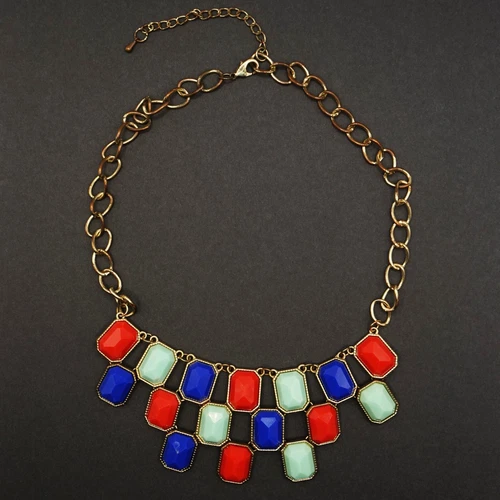 Statement Necklace Red, Green and Blue Gold Tone Costume Jewelry Women's Fashion