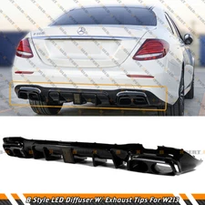 B STYLE SMOKE LED BUMPER DIFFUSER+BLACK EXHAUST TIPS FOR 17-20 BENZ W213 E-CLASS