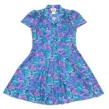 Vintage 80s California Looks Teal Blue Purple Leaves Short Sleeve Dress 8P