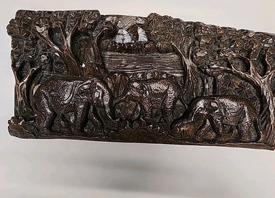 Bas High Relief Carved Sculpture & Stained Wooden Art Wall Elephants Walnut?