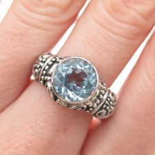 925 Sterling Silver Vintage Real Blue Topaz Ornate Oxidized Ring Size 8.75