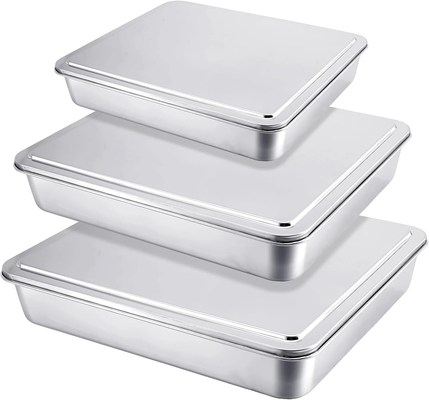 3 Set Stainless Steel Cake Pan with Lid 13/11/9 Inch Rectangle Sheet Baking Pan