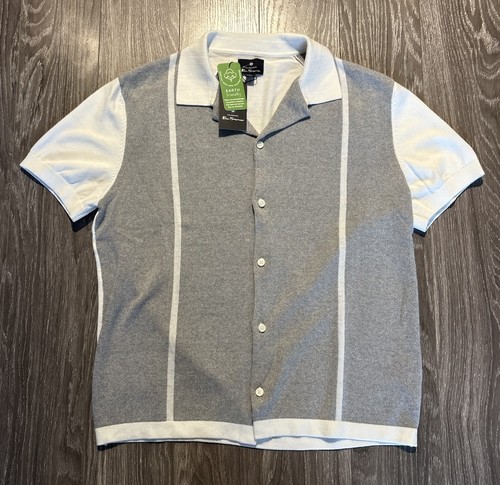 Ben Sherman Men's Button Up Knit Short Sleeve Gray White Stripe Large