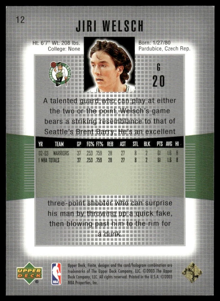 2003-04 Upper Deck Finite #12 Jiri Welsch SN Gold #/100 Boston Celtics NM+ - Image 2 of 2