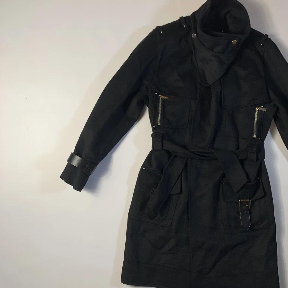 Barbara Bui Wool Cashmere Military Coat Black Leather Trim Belted Sz 36 - Image 2 of 4