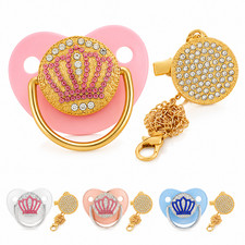 Baby Silicone Pacifier with Crown Clip Bling Rhinestone Dummy Soother Holder New