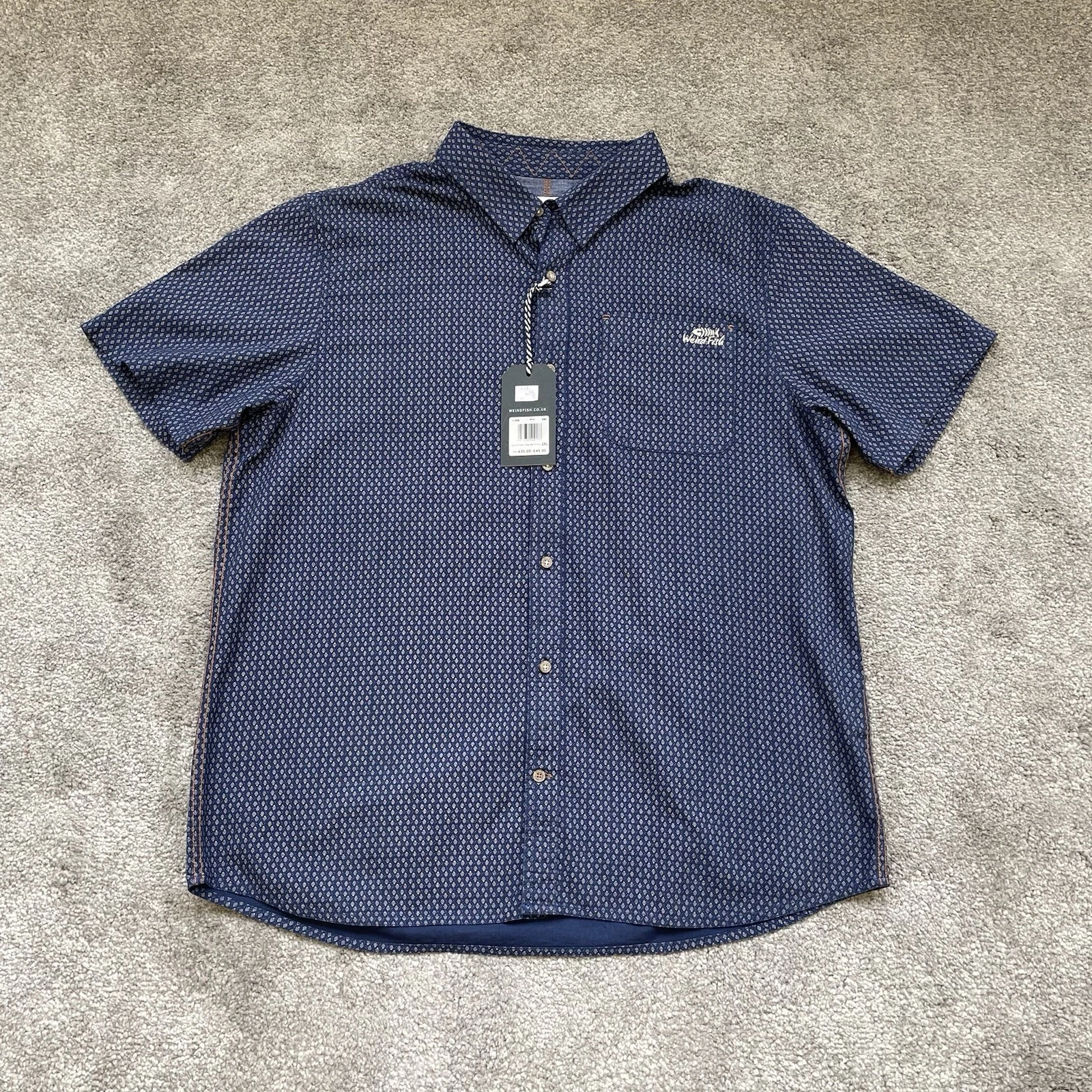Weird Fish Shirt Mens 2XL Blue Patterned Short Sleeve Button Up Cotton BNWT