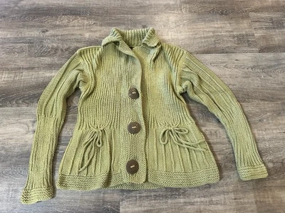 Pure Handknit Cardigan Sweater Womens L/XL Green Cotton Cable Knit - Image 1 of 4