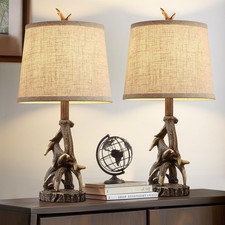 23'' Rustic Farmhouse Table Lamps Set of 2 Deer Antler Lamps for Bedroom Nigh...