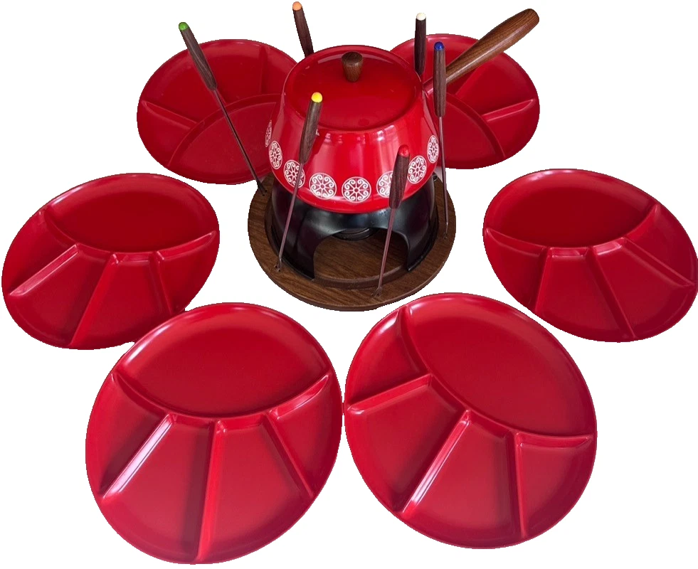 Vintage Red Fondue Set Japan 6 Plates Forks Burner Stand Wood Trivet
Opens in a new window or tab