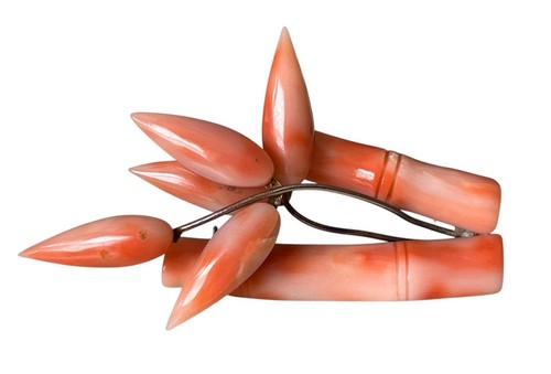 Vintage Hand Carved Angel Skin Coral Bamboo Branch Brooch Silver Tone - Picture 10 of 12